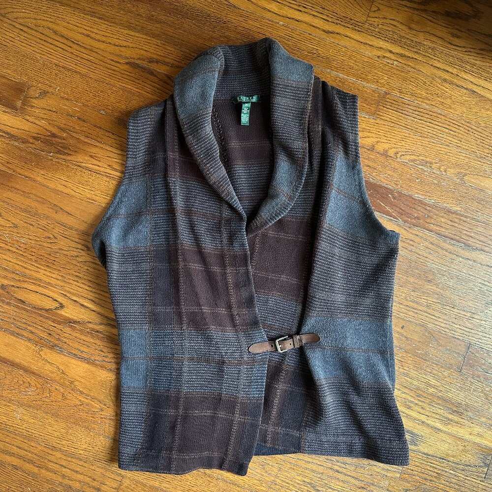 Lauren Ralph Lauren Plaid Sweater Vest Equestrian Polo Cotton